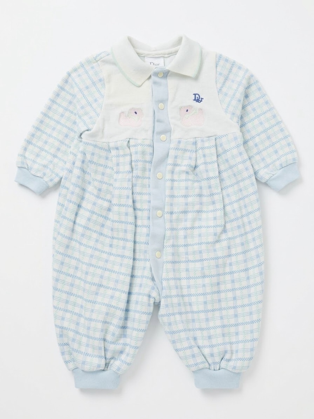 Baby Dior Vintage Bunny Onesie Size 3-6 Months 90s Blue Plaid Jumper One Piece